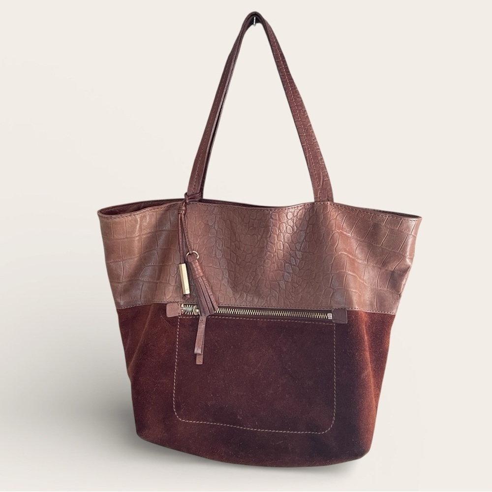 JOIE Chocolate Brown Suede & Crocodile Leather Double Handle Tote